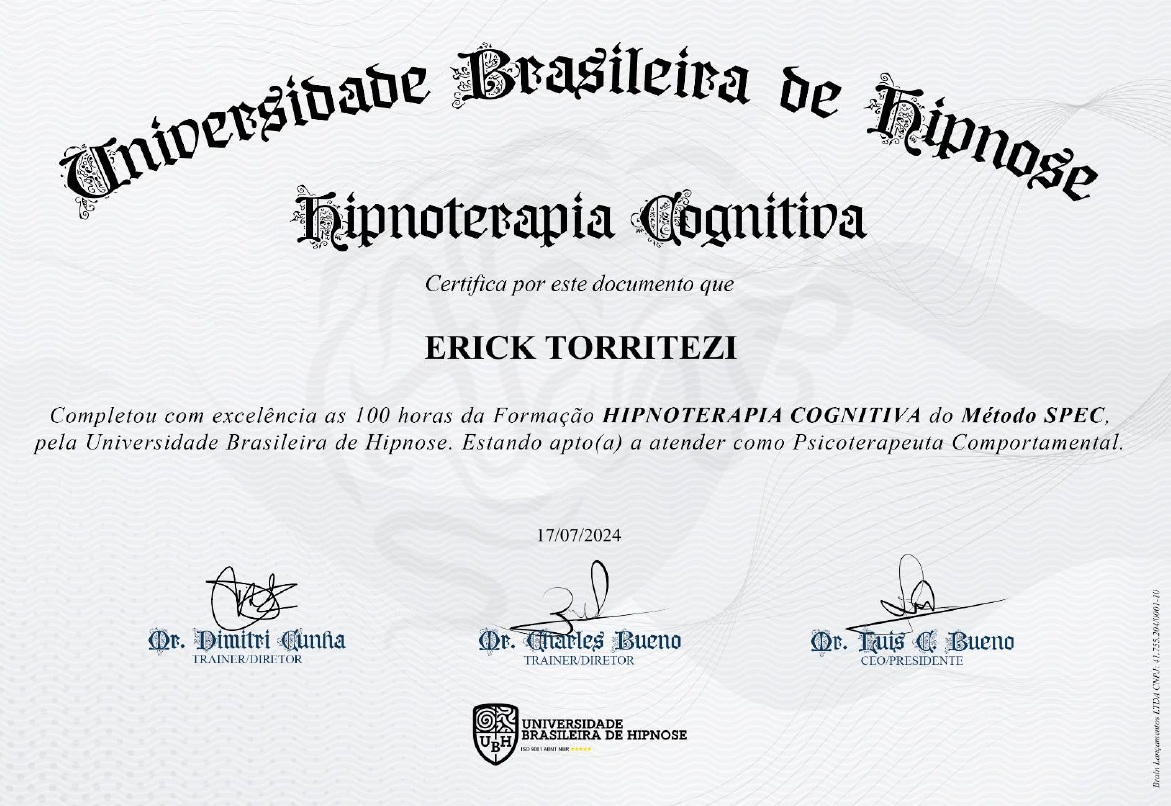 Certificado de conclusão: Hipnoterapia Cognitiva