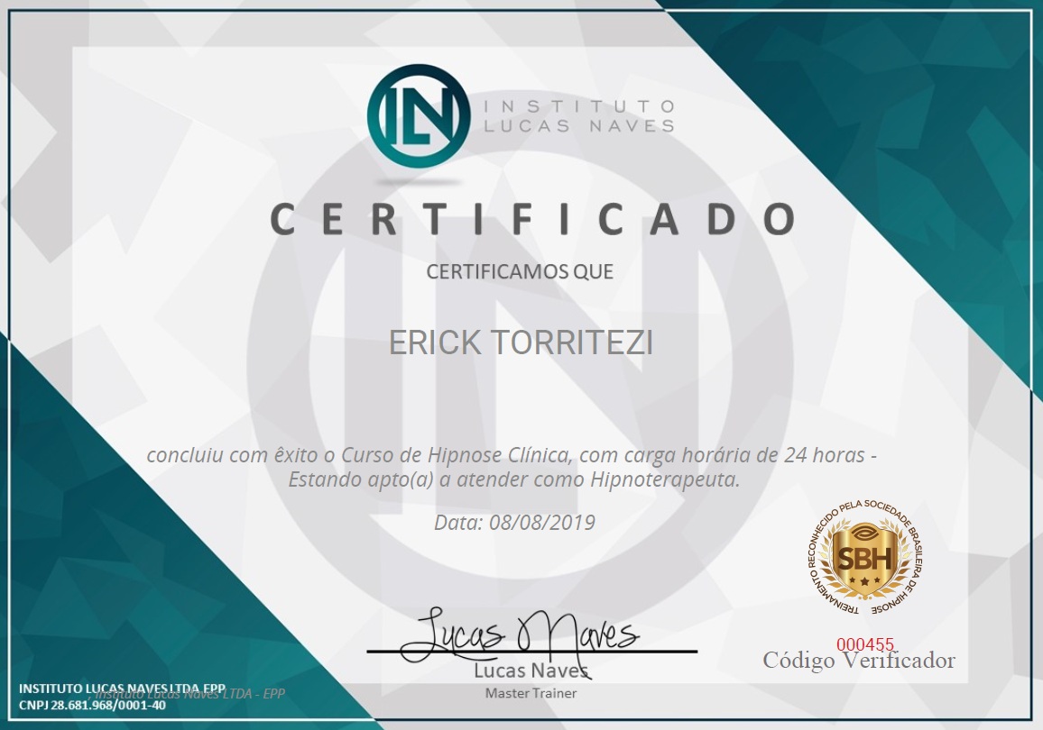 Certificado de conclusão: Hipnose Clínica