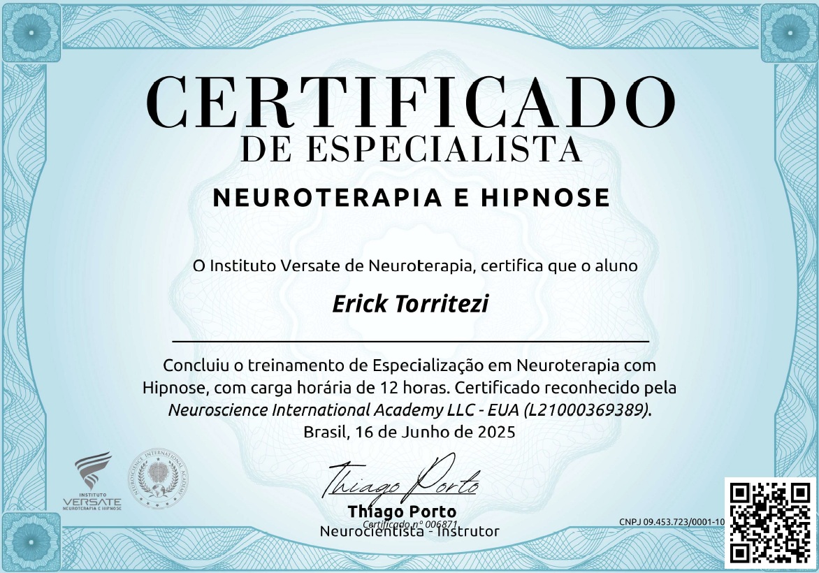 Certificado de especialização: Neuroterapia e Hipnose
