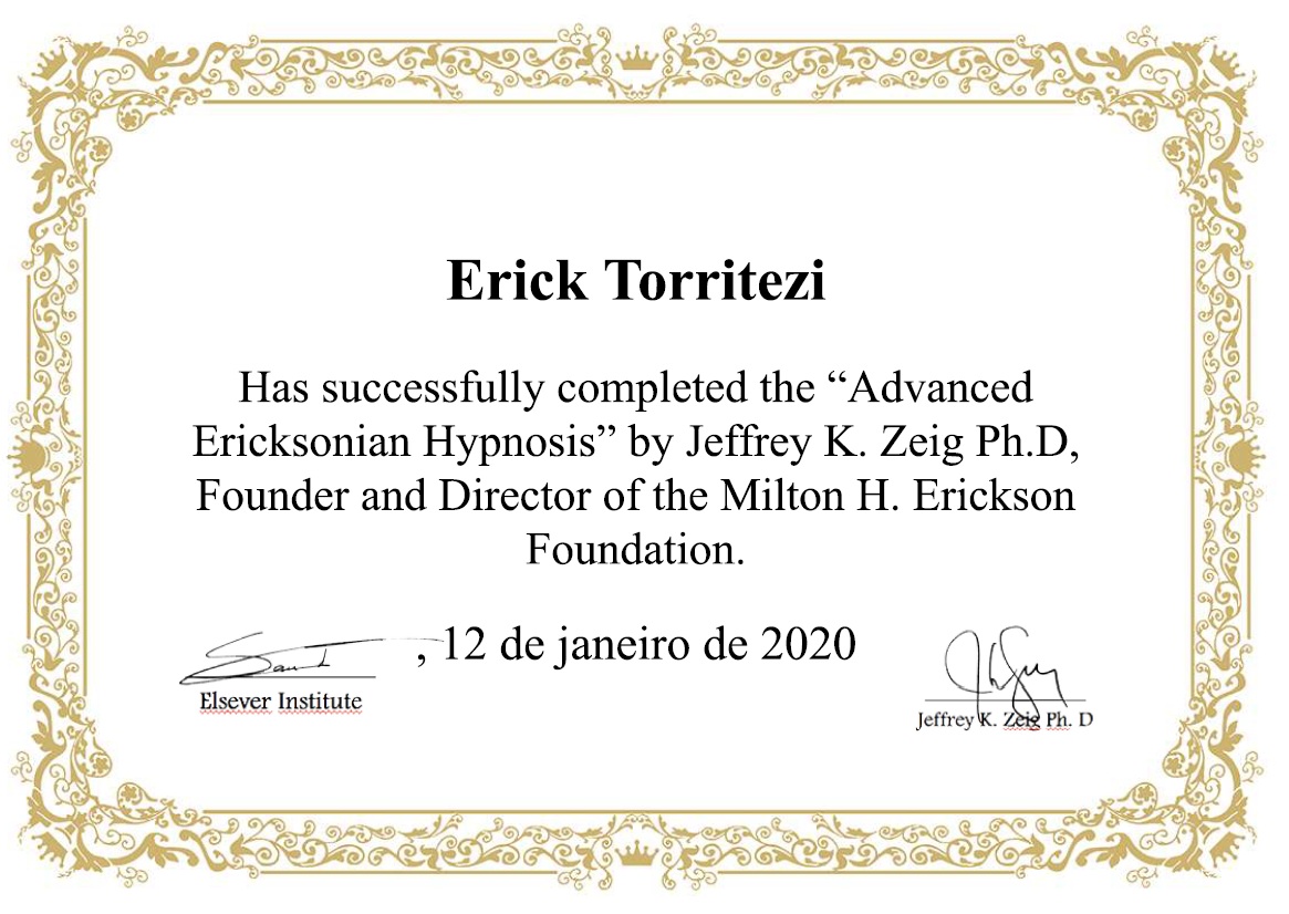 Certificado de conclusão: Advanced Ericksonian Hypnosis